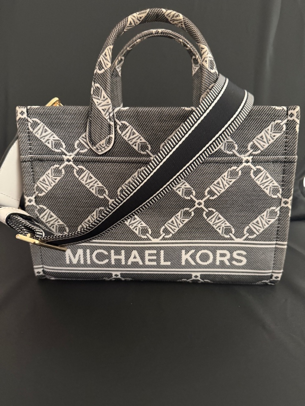 Michael Kors Blue and White Logo Canvas Tote with Striped Strap